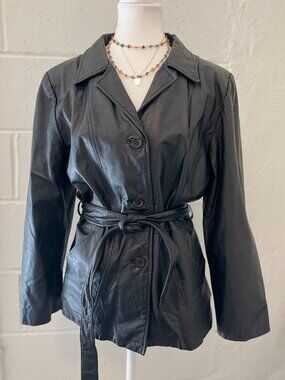 Vintage 70s 80s Black Genuine Leather Belted Jacket